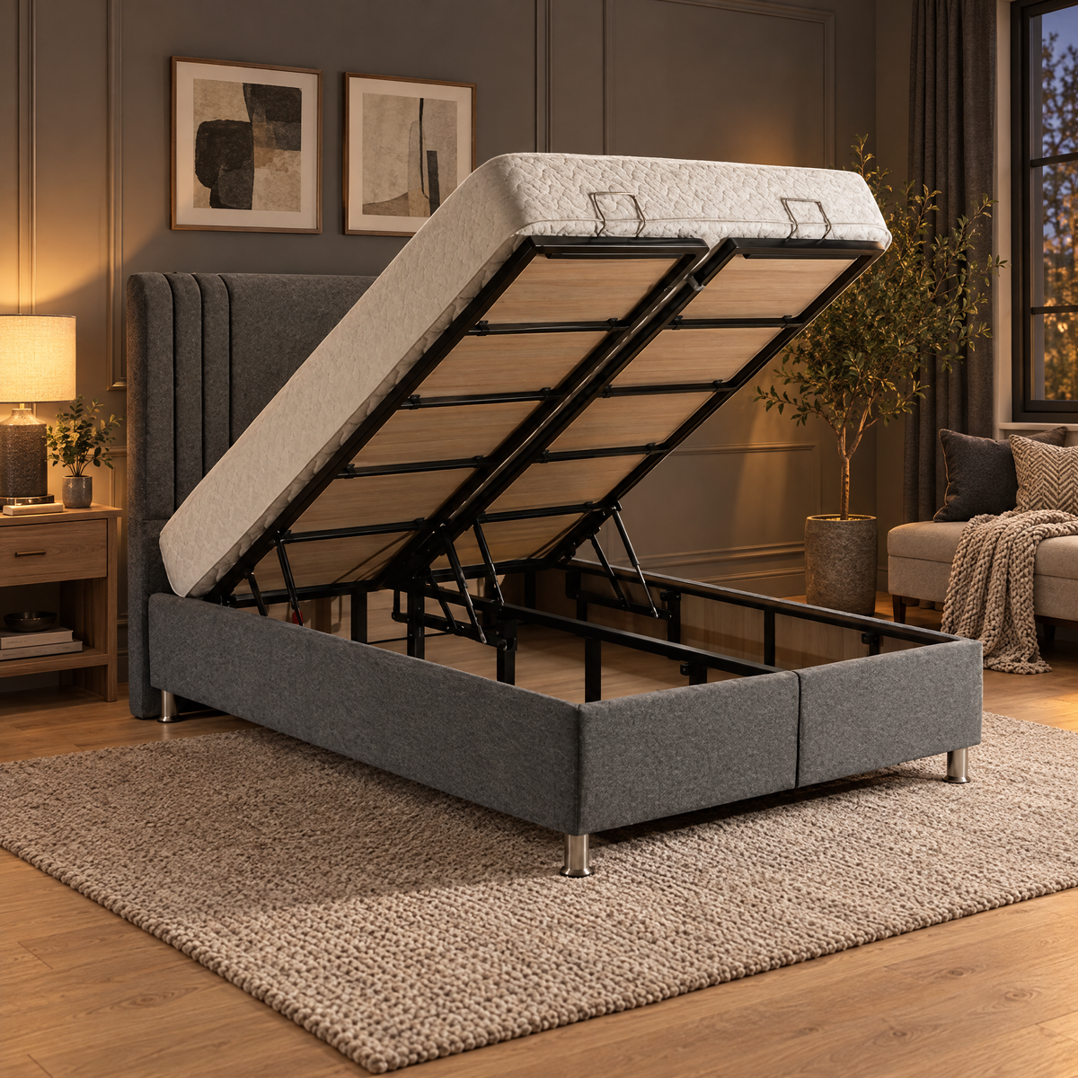 Anchor Ottoman Storage Bed in dark grey with the lift-up storage open, in a cosy bedroom