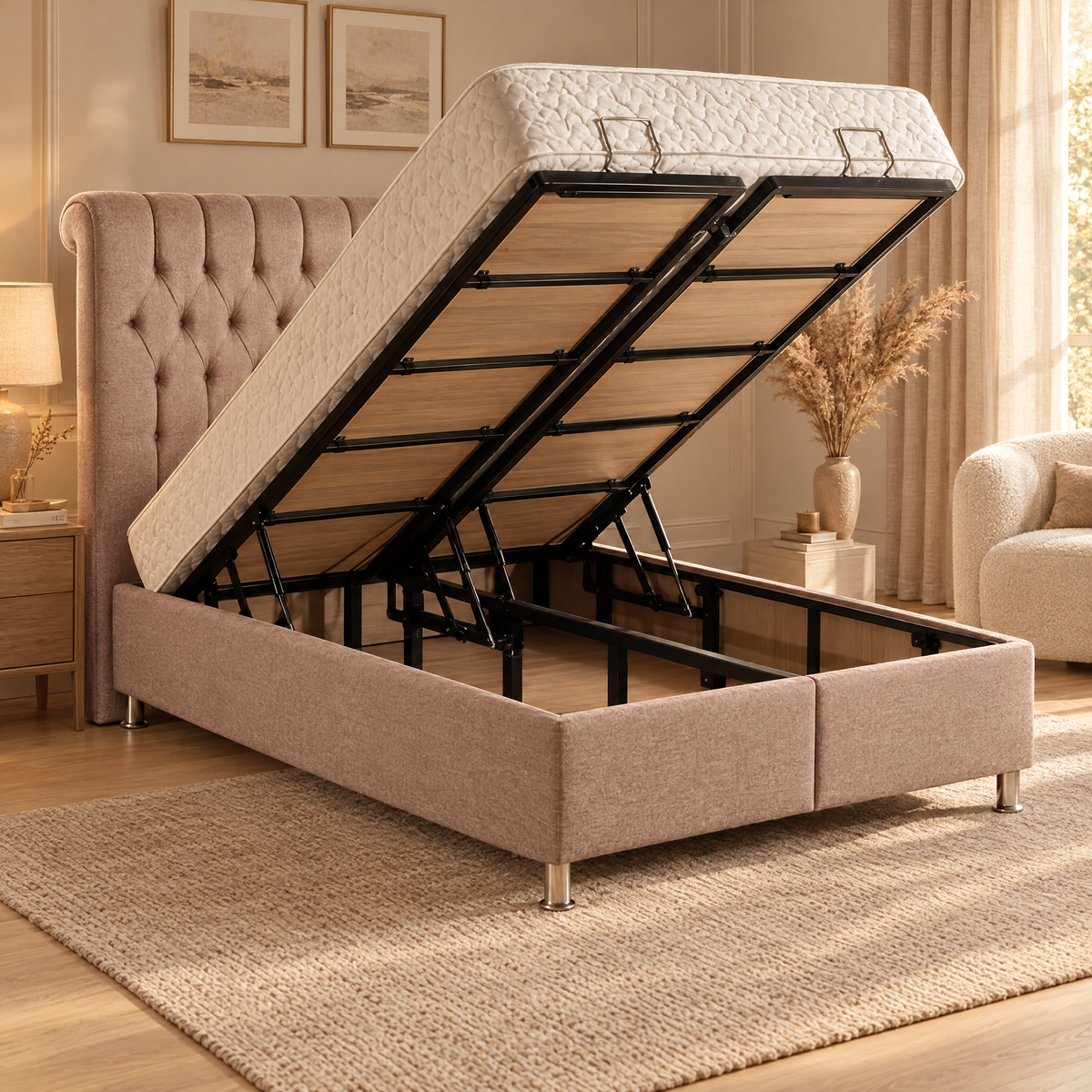 Warren Ottoman Storage Bed with chesterfield headboard and the lift-up storage open, in a cosy bedroom
