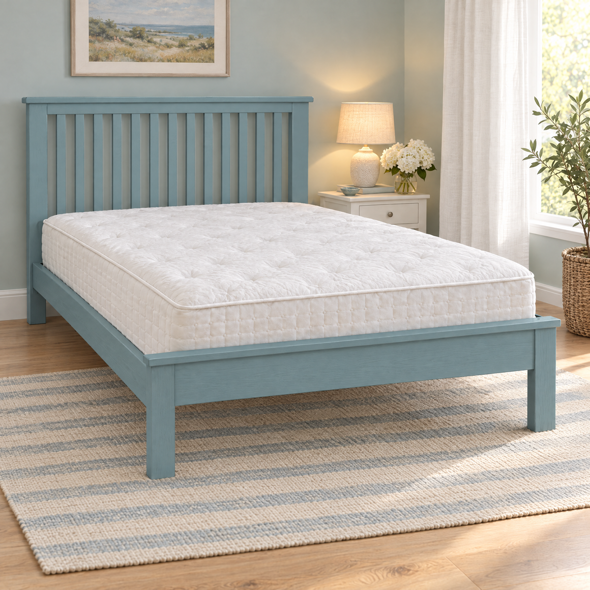 Ocean Wooden Bed Frame in duck egg blue with a mattress, in a cosy bedroom