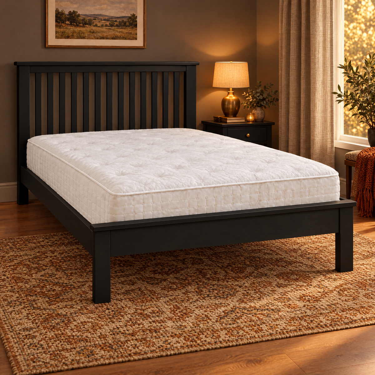 Shadow Wooden Bed Frame in black with a mattress, in a cosy bedroom