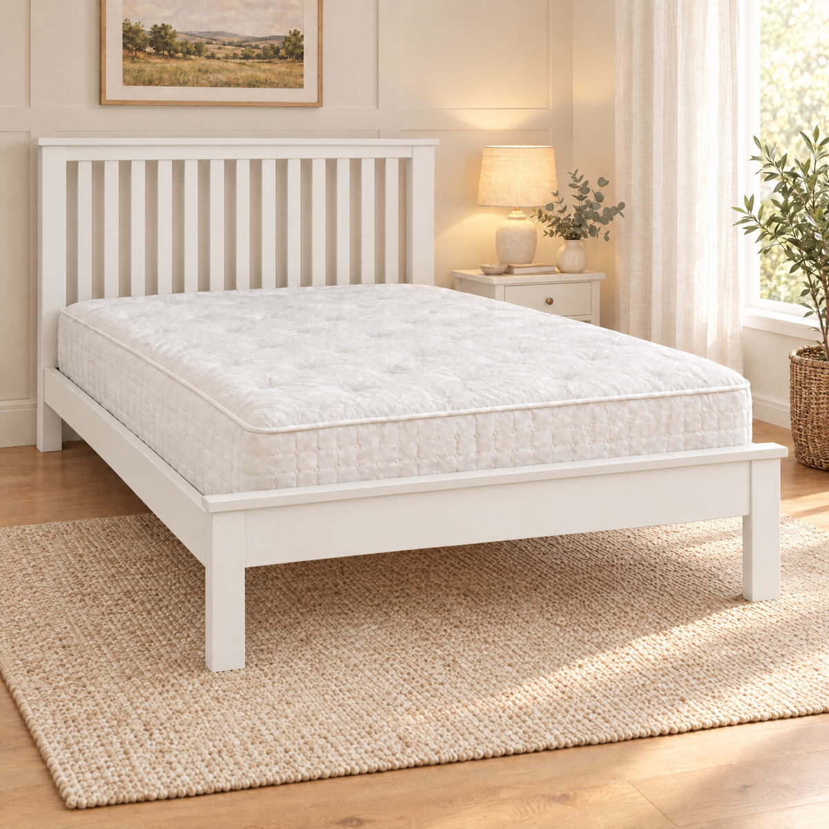 Crystal Wooden Bed Frame in white with a mattress, in a cosy bedroom
