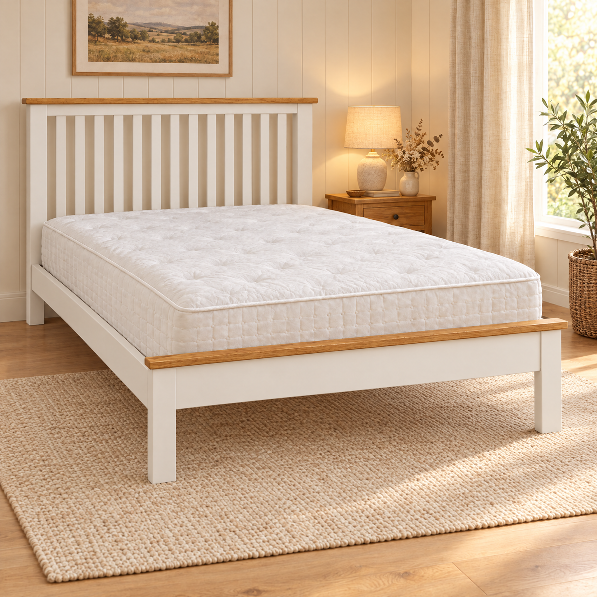 Pebble Wooden Bed Frame in white with oak top rails and a mattress, in a cosy bedroom