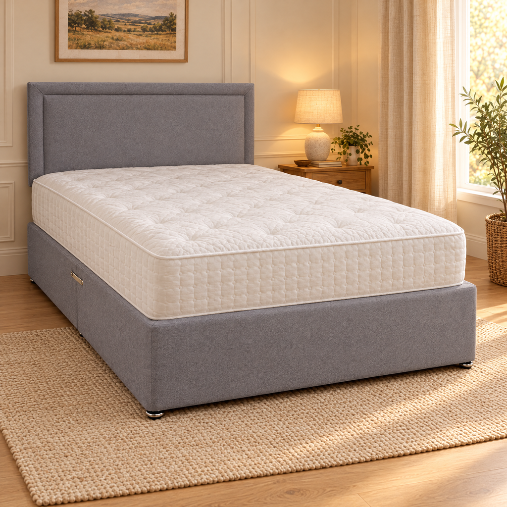 Divan Base in grey fabric with headboard and mattress, in a cosy bedroom