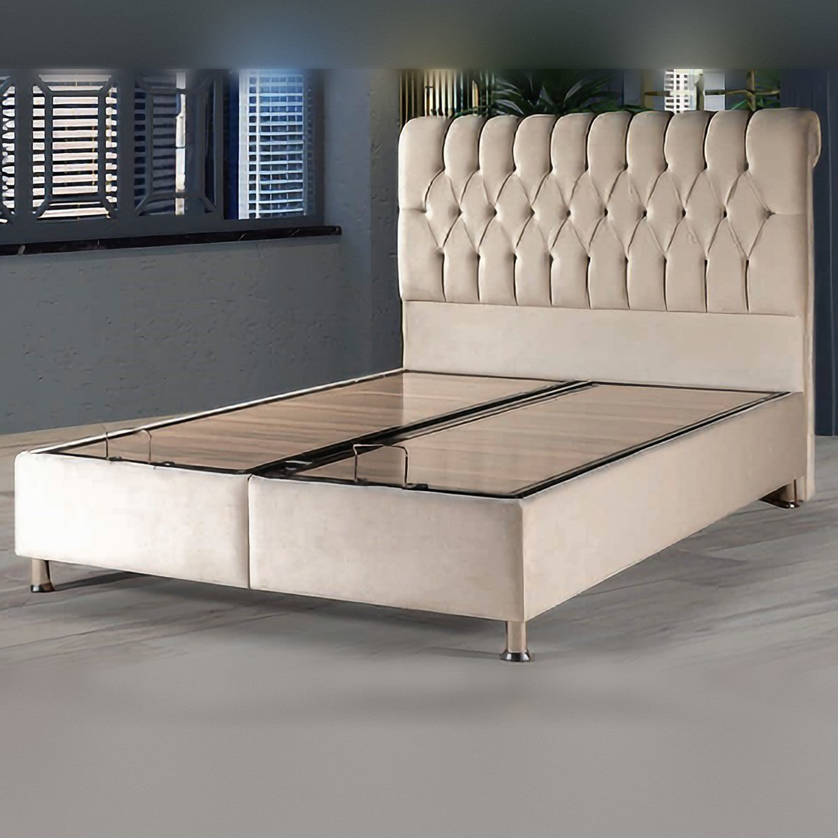 Warren Ottoman Storage Bed in beige with the mattress removed